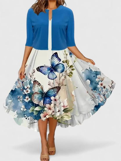 Women's Floral Midi Dress 3/4 Sleeve A-Line Occasion Dress
