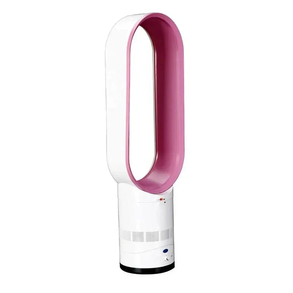 Ventilateur sans pales blanc et rose, design moderne, technologie innovante, refroidissement efficace, intérieur élégant, maison contemporaine.