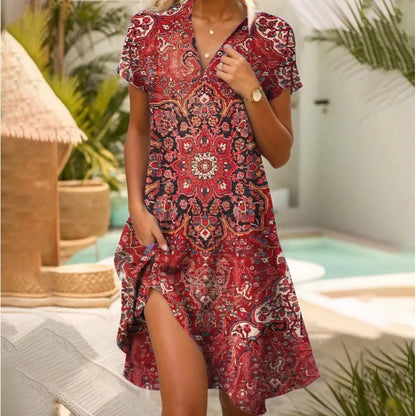 Jeanne Robe Femme – Élégante Robe à Col V avec Boutons, Coupe Flatteuse & Motif Floral Intemporel