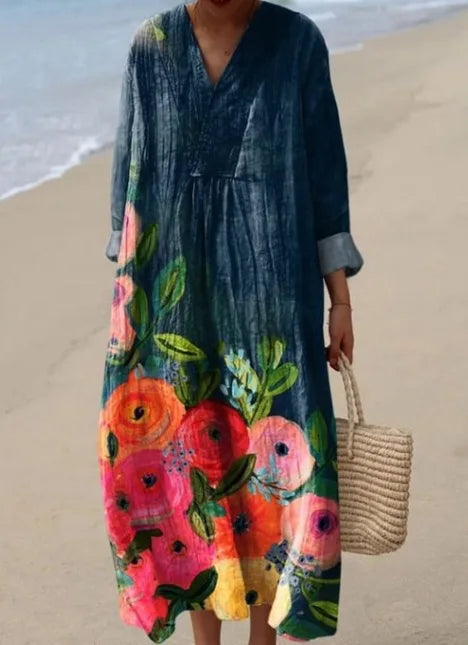 Boho Print V-Neck Long Sleeve Dress
