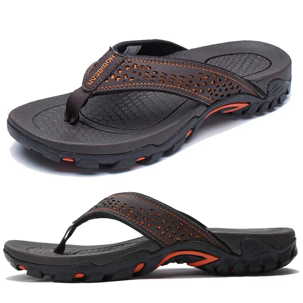 Leather Flip Flops Men’s Cushioned Rubber Sole Summer Sandals