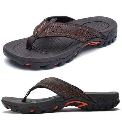 Leather Flip Flops Men’s Cushioned Rubber Sole Summer Sandals