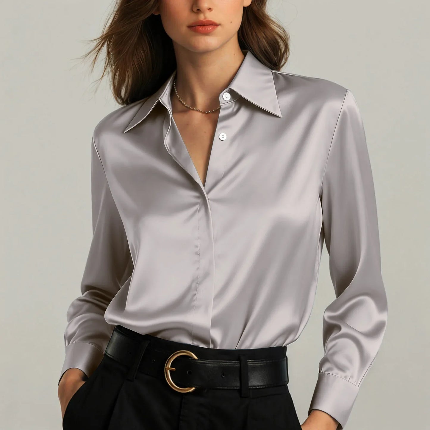 Ariadne - Damen Satin Seiden Bluse Button Down Office Top
