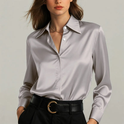 Ariadne - Damen Satin Seiden Bluse Button Down Office Top
