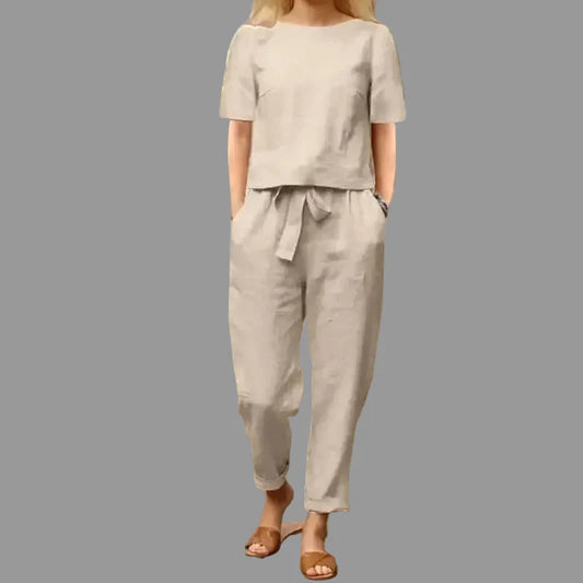 Ensemble deux pièces en lin avec haut et pantalon pour femme