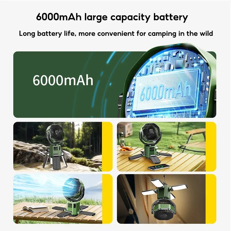 Solar Camping Fan mit 6000mAh Batterie, LED Licht & 4-Geschwindigkeits-Kühlung – SunBreeze