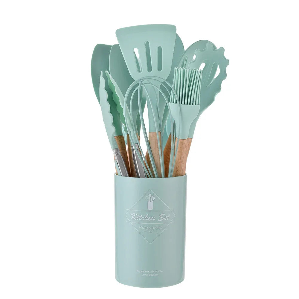 ChefEase – 12-Piece Silicone Kitchen Utensil Set with Wooden Handles