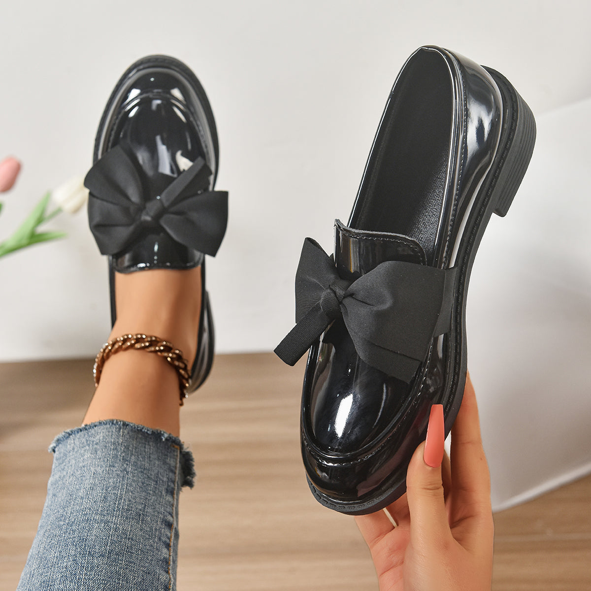 Mocassins en Cuir à Enfiler – Chaussures Élégantes avec Nœud et Semelle Plateforme