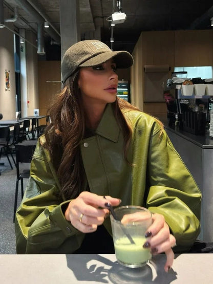 Lily-Rose - Vegan Leather Olive Green Leather Jacket In Olive Green