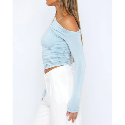 Women’s Off-Shoulder Ruched Long Sleeve Top – Fitted Silhouette