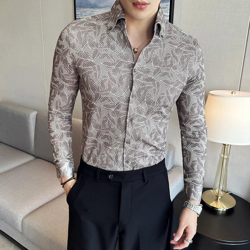 Mens Printed Shirt 2023 Autumn New British Style Long Sleeved Elastic Slim Fit Seersucker Shirt Tuxedos Tops Casual Men Clothing