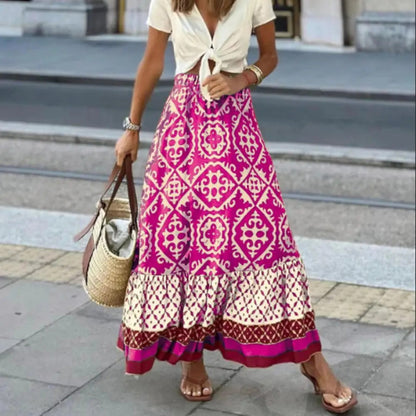 Women's Boho Maxi Skirt High Waist Floral Print Ruffle