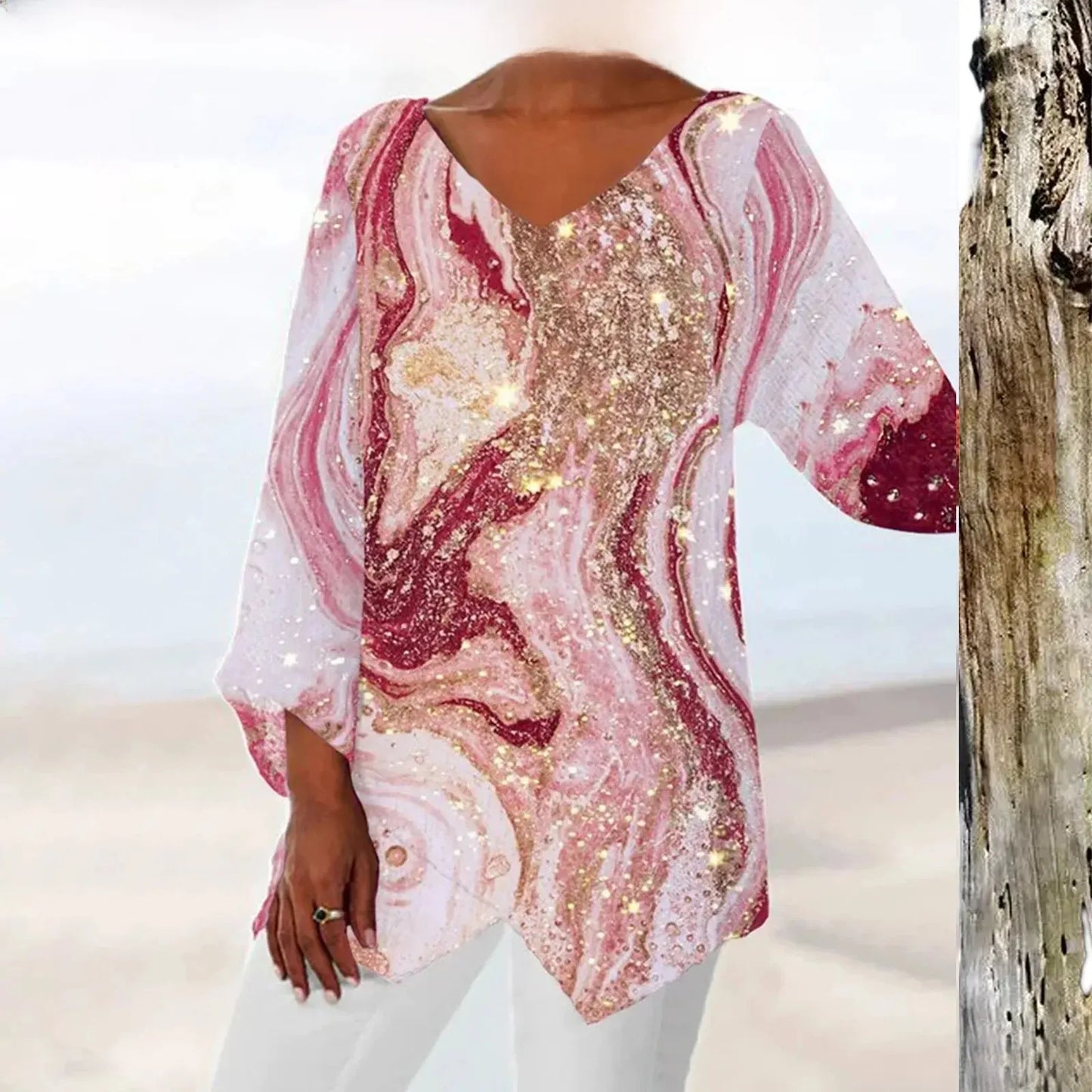 Avencea - Vintage Top with Elegant V-Neck