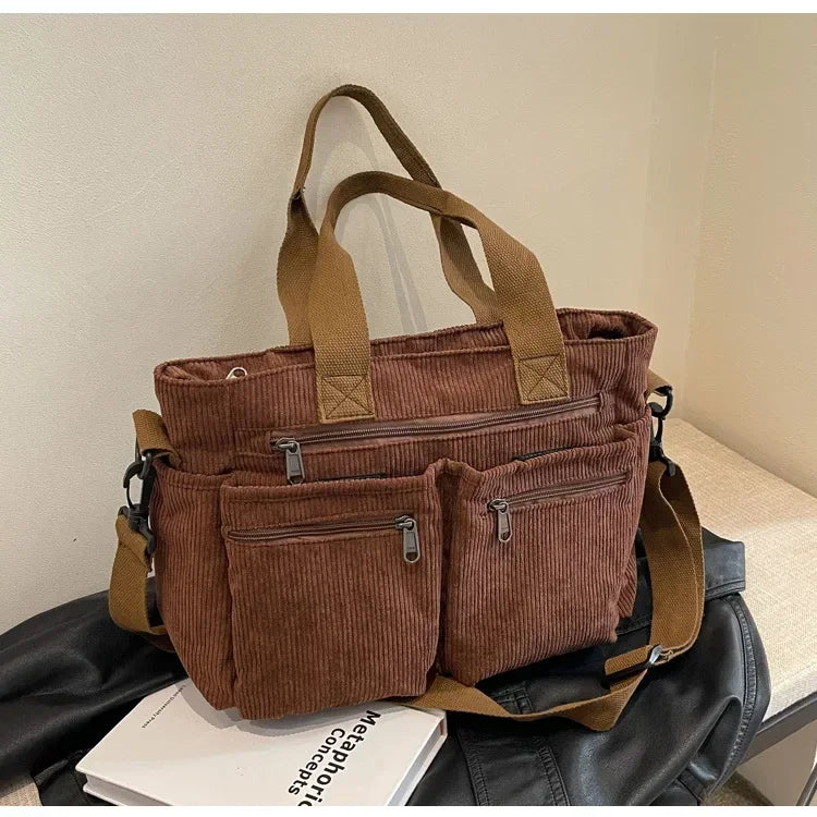 Casual Corduroy Messenger Bags Large Capacity Commuter Mummy Portable Shoulder Bag Multi Layers Camping Tote Bags