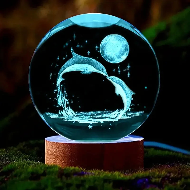 Mariluna Kristallen Bol Dolfijn | 3D-Lasergravure & LED-Basis | Maan- & Zee Motief