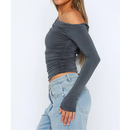 Women’s Off-Shoulder Ruched Long Sleeve Top – Fitted Silhouette