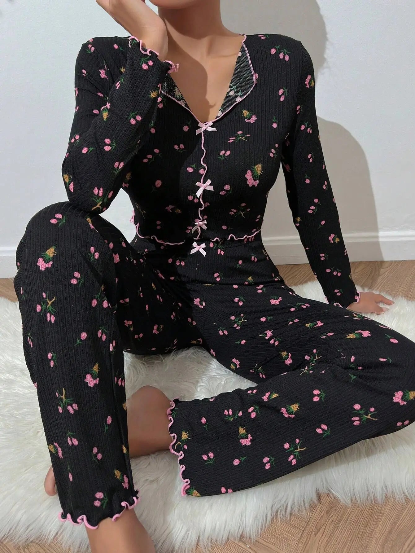 Women’s Floral Ribbed Pajama Set – Long Sleeve V-Neck Two-Piece Sleepwear