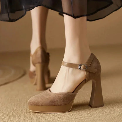 Women's Platform Block Heel Pumps Ankle Strap High Heels