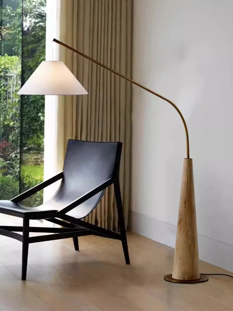 LumiArc – Luxe Houten Boogvloerlamp met Stoffen Kap