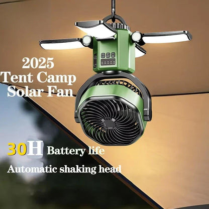 Solar Camping Fan mit 6000mAh Batterie, LED Licht & 4-Geschwindigkeits-Kühlung – SunBreeze