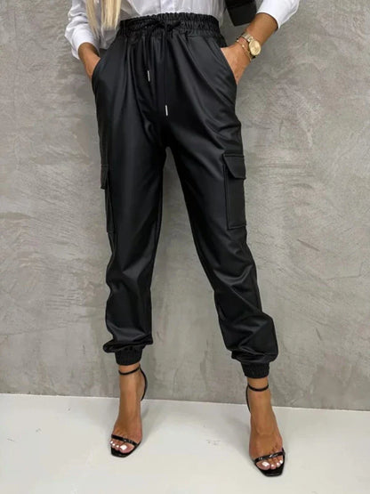 New in Women PU Leather Pants Autumn Winter Casual Loose Trousers with Pocket Korean Joggers Black Harem Pants Women Streetwear