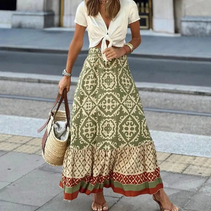 Women's Boho Maxi Skirt High Waist Floral Print Ruffle