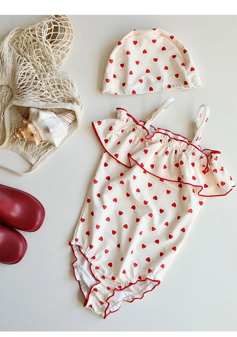 2025 New Girls Swimsuit Heart Printed Ruffle Bikinis Set Children Swimming Suit maillot de bain enfant fille Banadores