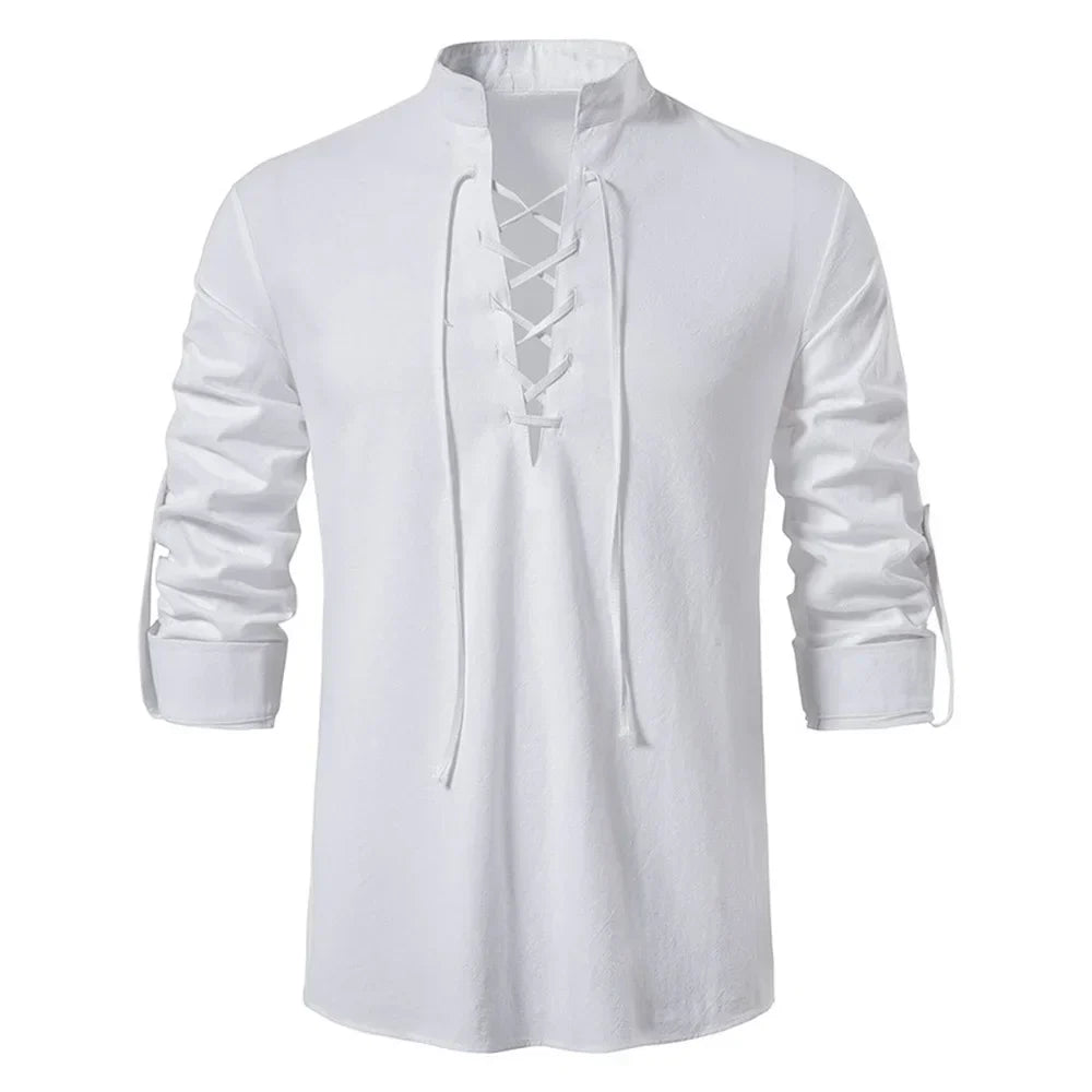 Sommerhemd Herren Relaxed Fit Freizeit mit Bindeband am Ausschnitt