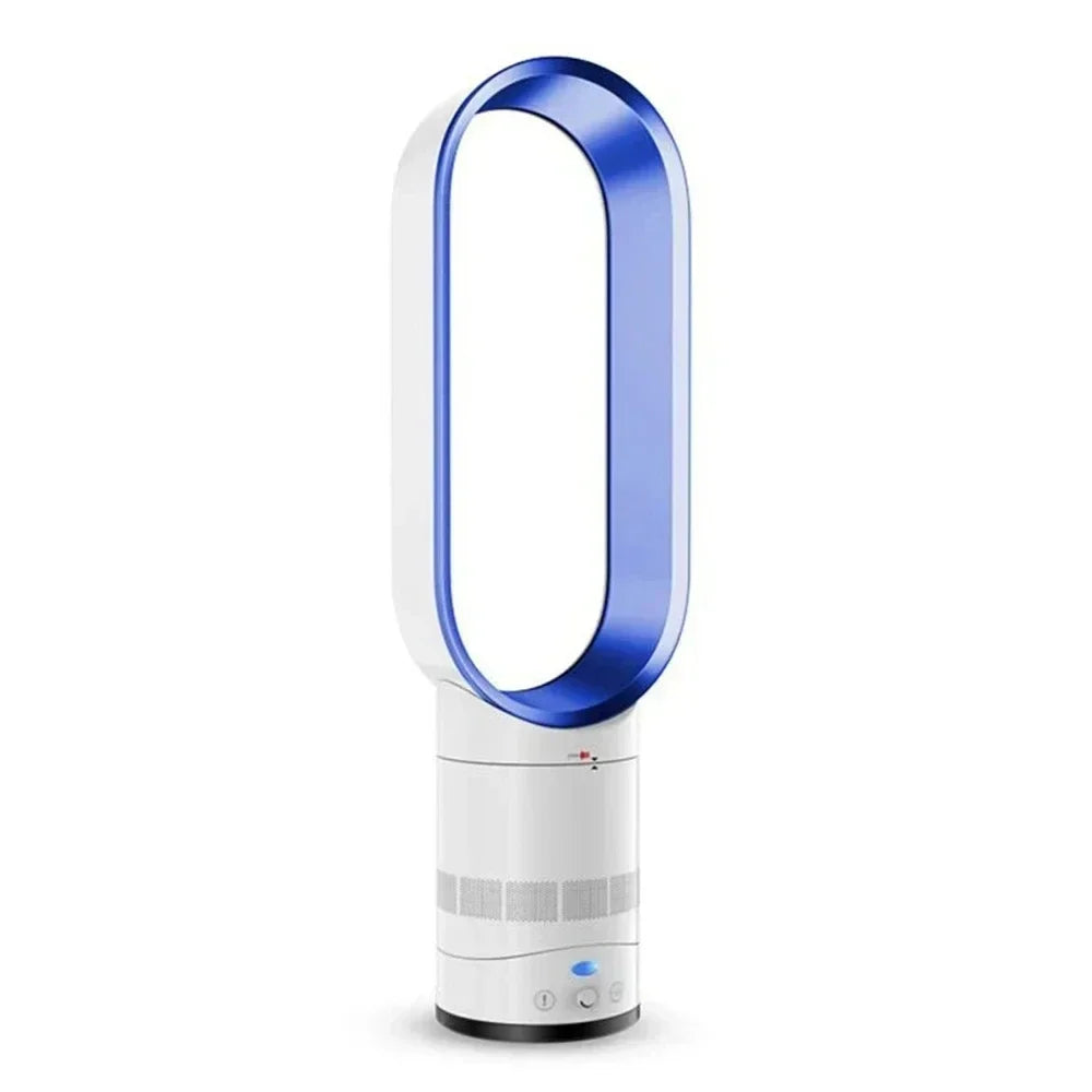 Ventilateur sans pales blanc et bleu, design moderne, technologie avancée, idéal pour rafraîchir les espaces intérieurs avec efficacité et style.