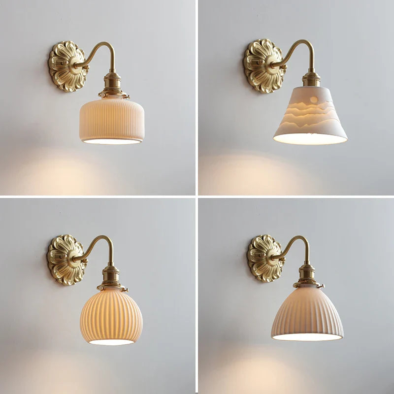 LuxRoyale Mid-Century French Countryside Brass Ceramic Wall Lamp