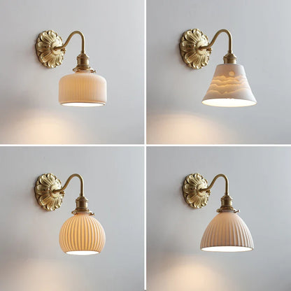 LuxRoyale Mid-Century French Countryside Brass Ceramic Wall Lamp
