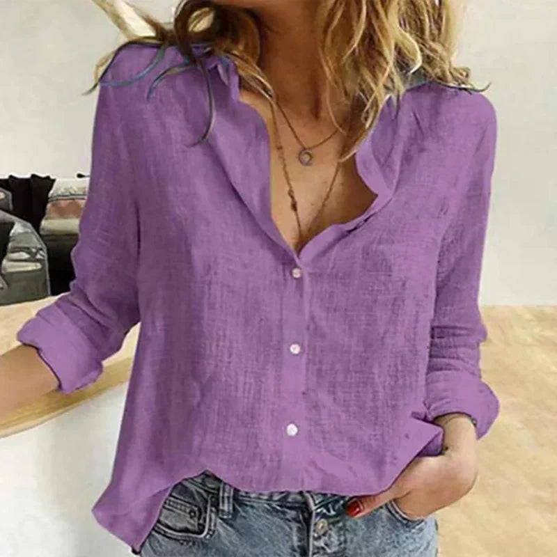 Women’s Cotton Linen Long Sleeve Shirt – Breathable Relaxed Fit Elegant Casual Blouse