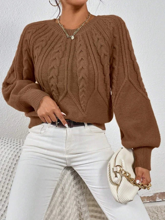 Twist Cozy – Camisola de malha com gola redonda e mangas compridas, quente e versátil 🍁✨
