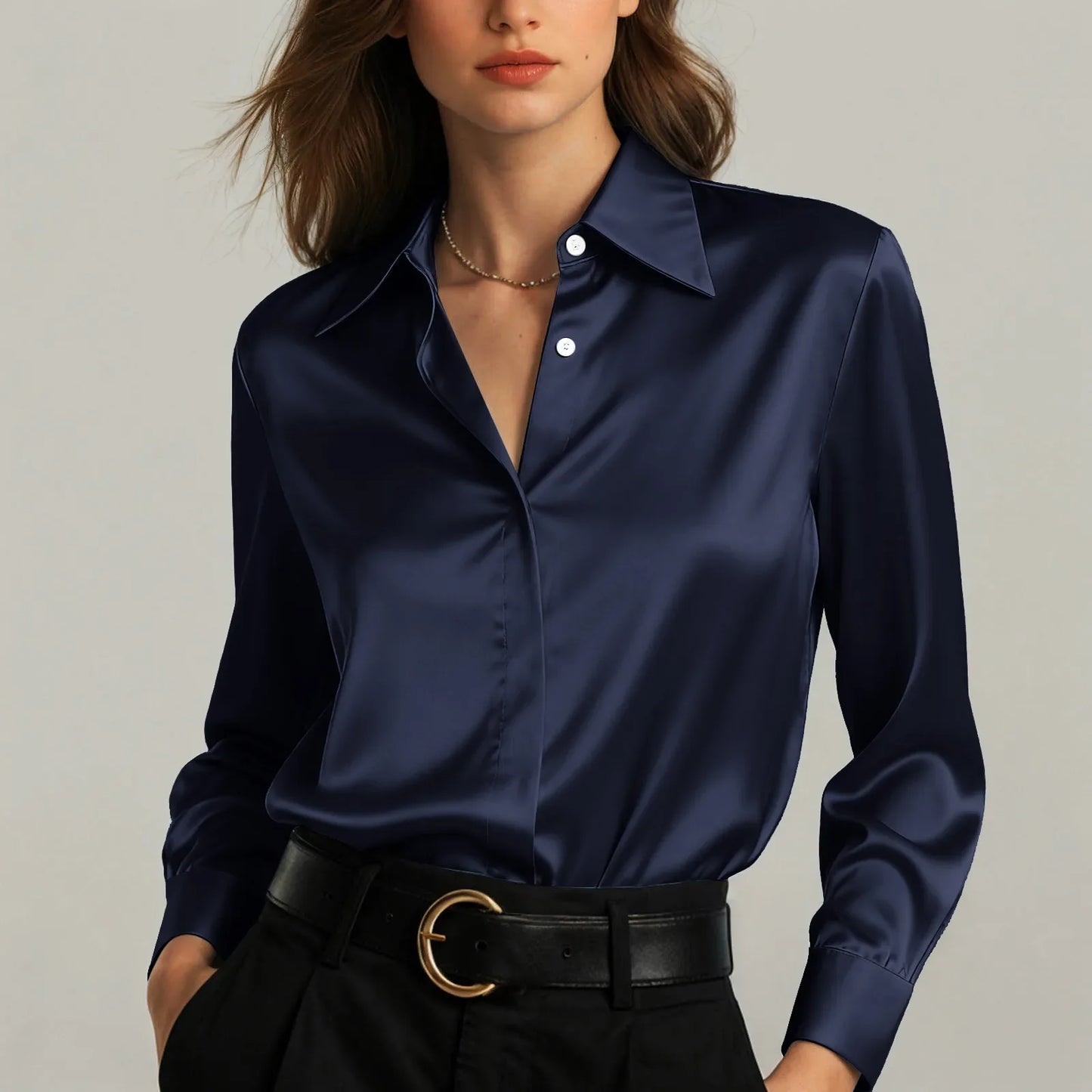 Ariadne - Damen Satin Seiden Bluse Button Down Office Top