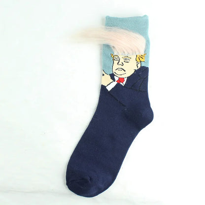 Funny President Donald Trump Socks with 3D Fake Hair Crew Socks Mens Compression Socks Streetwear Hip Hop 2022