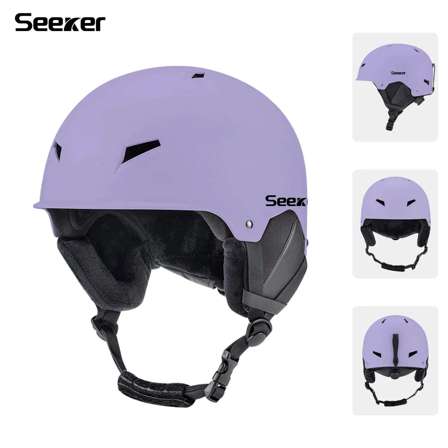 Lilla Seeker skihjelm med justerbar rem, ventilationshuller og polstret indre. Perfekt til vintersport og sikkerhed på pisterne.