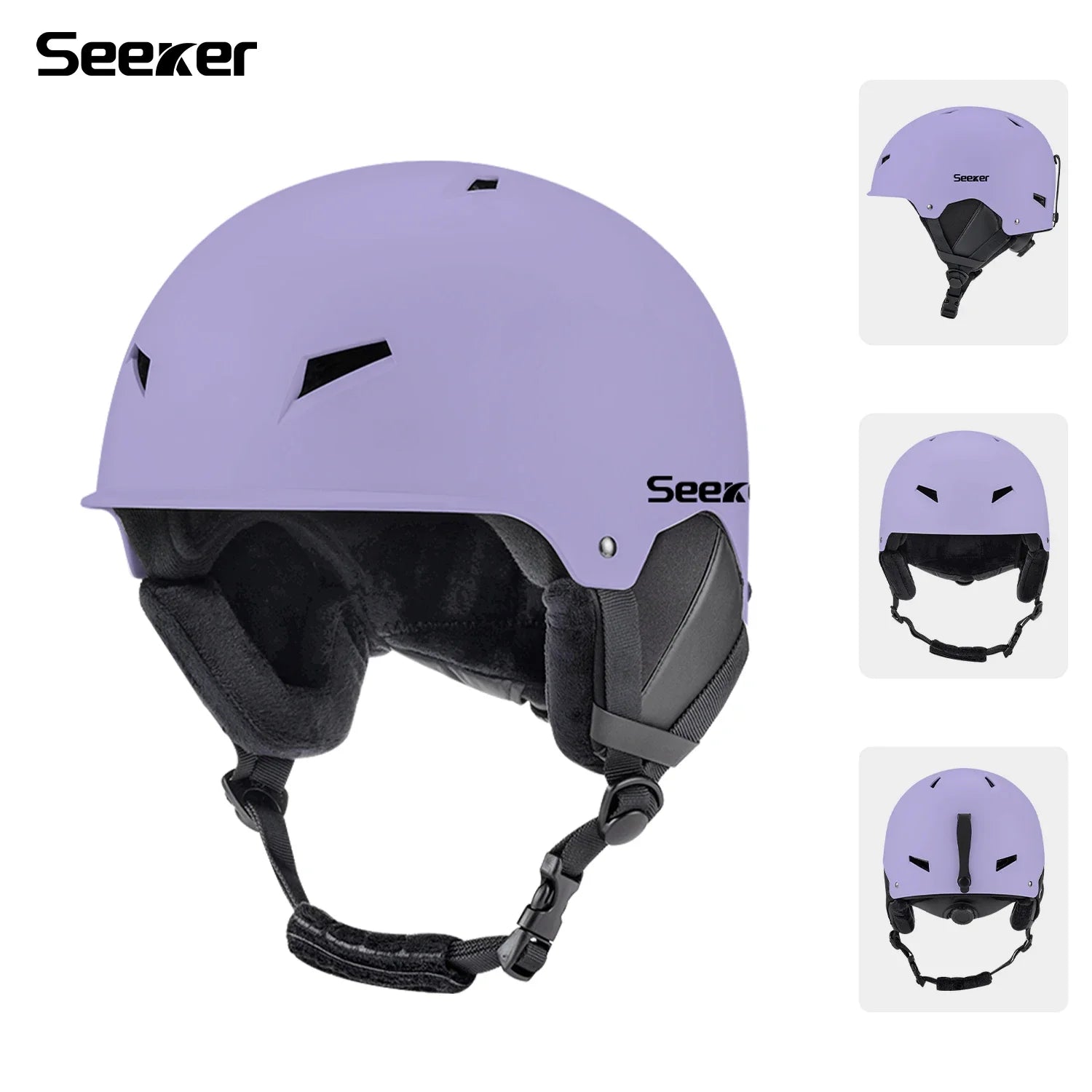 Lilla Seeker skihjelm med justerbar rem, ventilationshuller og polstret indre. Perfekt til vintersport og sikkerhed på pisterne.