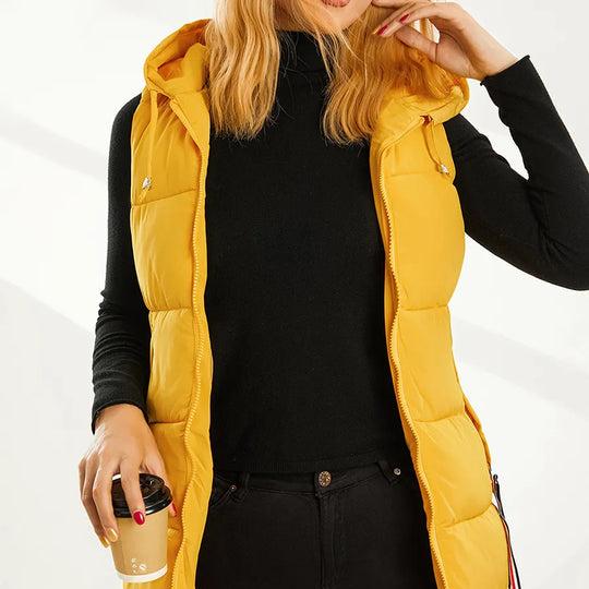 Liora - Veste chic à capuche sans manches avec poches zippées