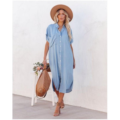 Liora | Afslappet Denim Skjortekjole i Let Chambray med Løs Pasform til Casual Hverdagsbrug | Blå Kjole