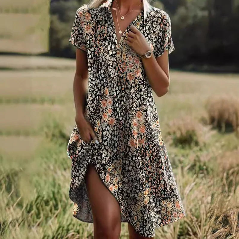 Robe d'été fleurie pour femme, manches courtes, col en V, motif floral noir et orange, style décontracté, champ en arrière-plan.