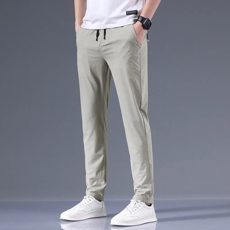 New Pants Spring Summer Mens Thin Casual Lightweight Slim Straight Trousers Elastic Ice Silk Business Casual Fashion Man Pants