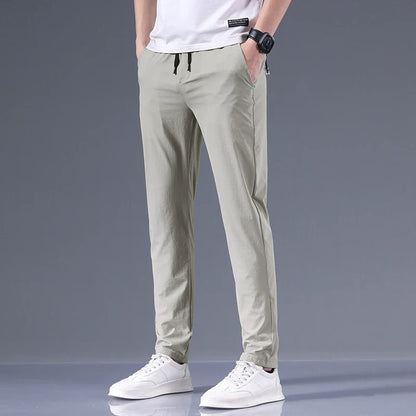 New Pants Spring Summer Mens Thin Casual Lightweight Slim Straight Trousers Elastic Ice Silk Business Casual Fashion Man Pants