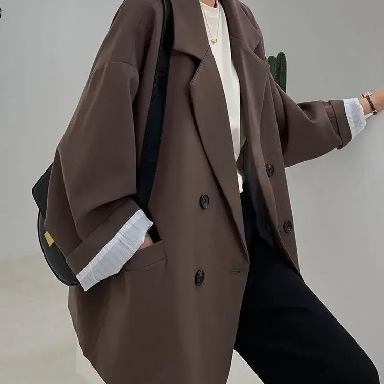 Vintage Blazer for Dame – Løs Dobbelspent Dressjakke med Lange Ermer | Elegant & Trendy Høststil 2025