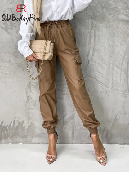 New in Women PU Leather Pants Autumn Winter Casual Loose Trousers with Pocket Korean Joggers Black Harem Pants Women Streetwear
