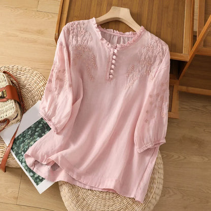 Theresa - Floral Embroidered Drop Shoulder Linen Blend Blouse