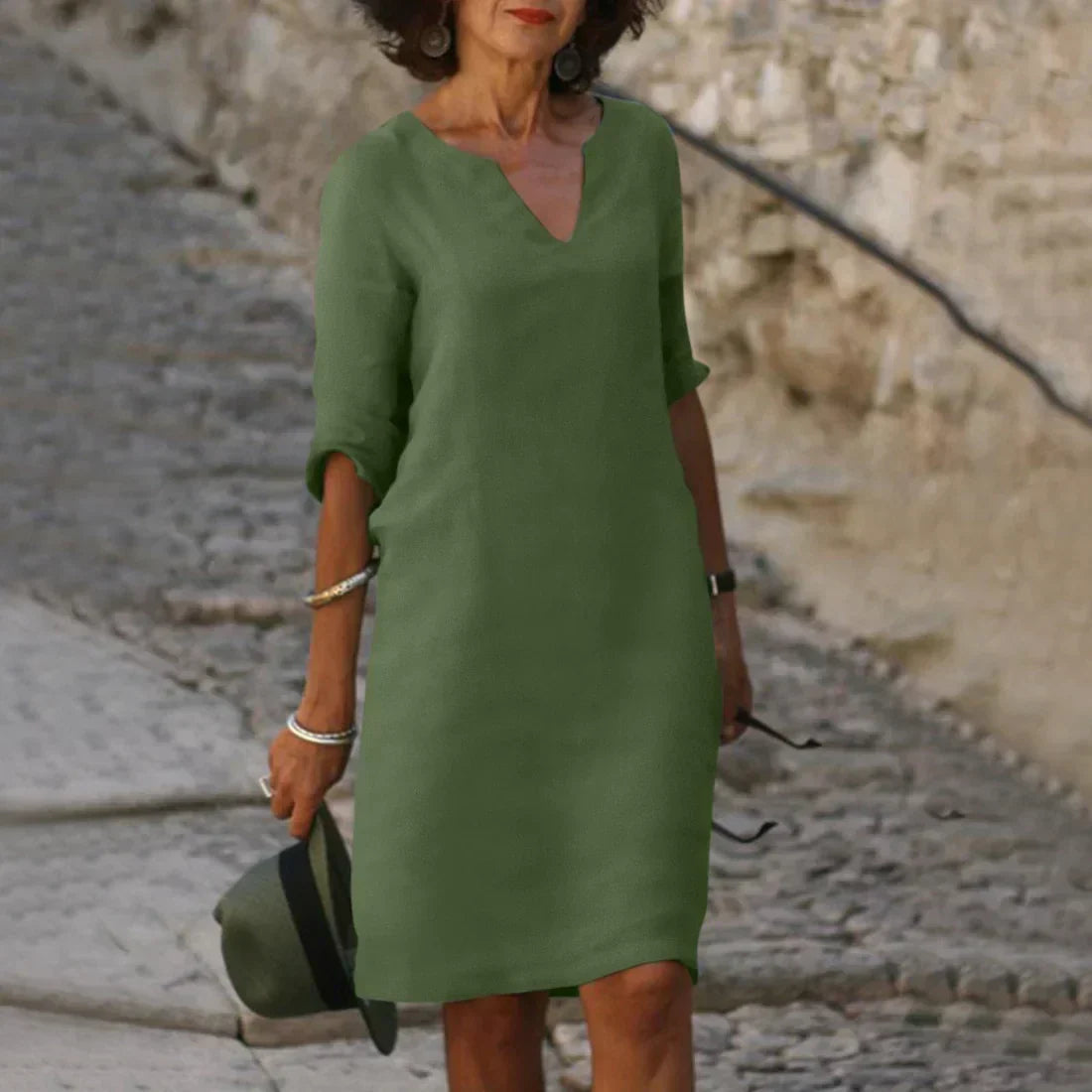 Women’s Elegant V-Neck Knee-Length Dress with 3/4 Sleeves