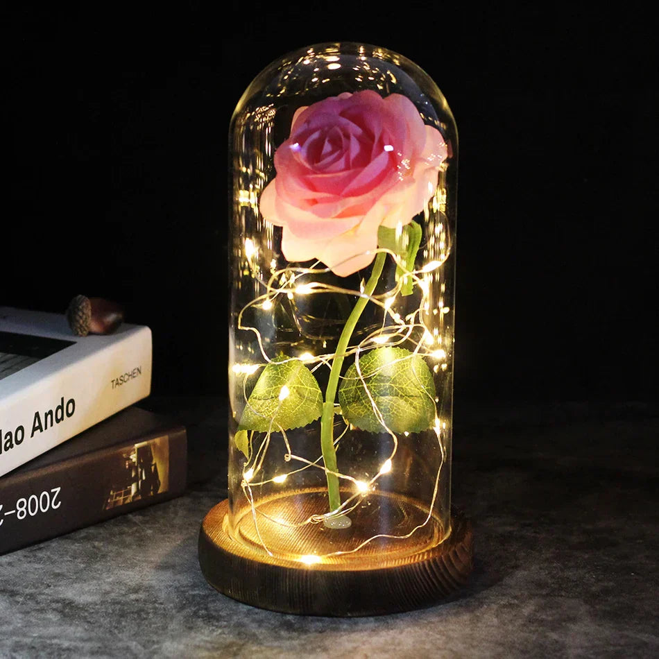 Evig Rose i Glaskuppel med LED Lys – Tidløs Kærlighed