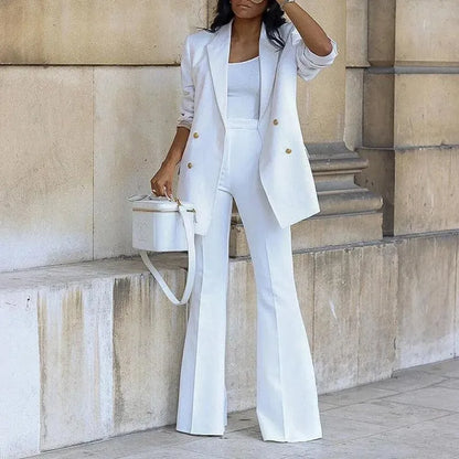 Women’s Double-Breasted Blazer – Elegant Tailored Fit with Flared Hem