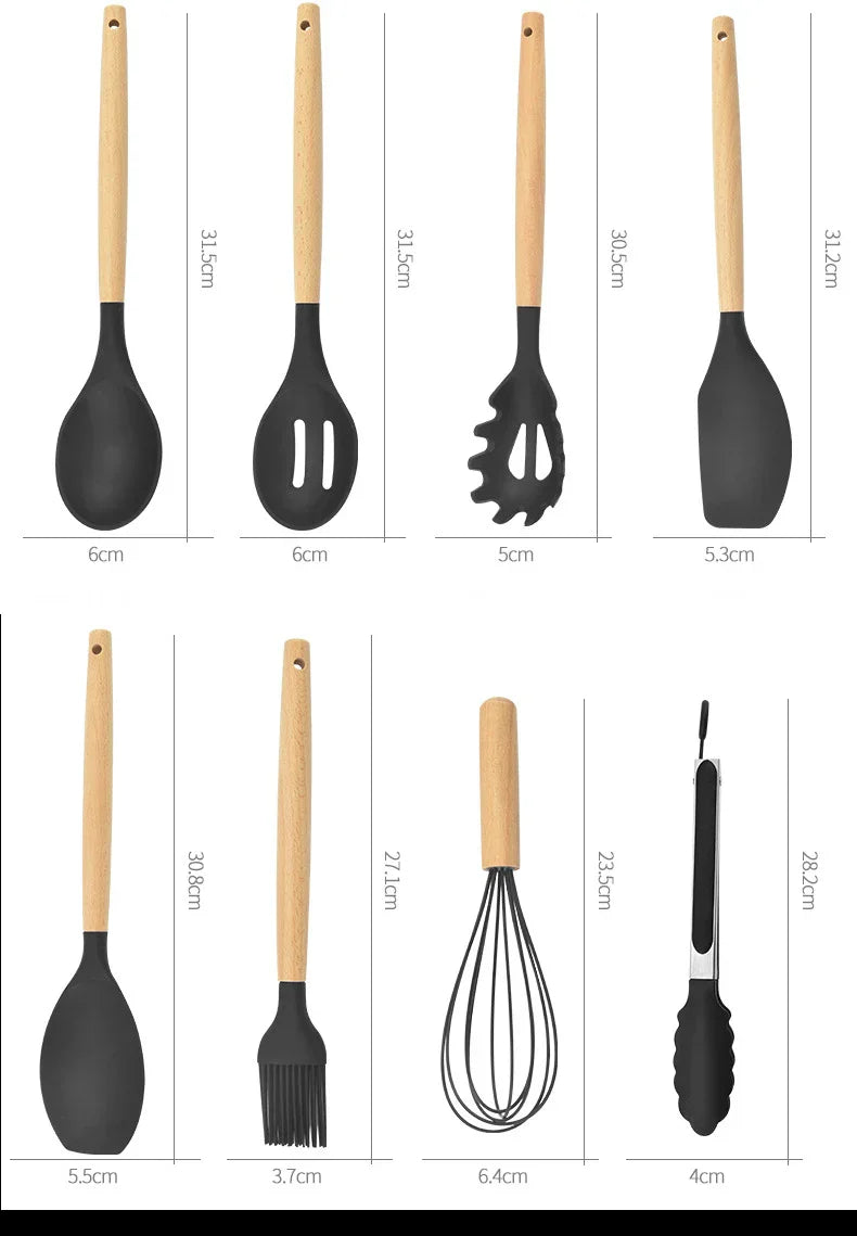ChefEase – 12-Piece Silicone Kitchen Utensil Set with Wooden Handles