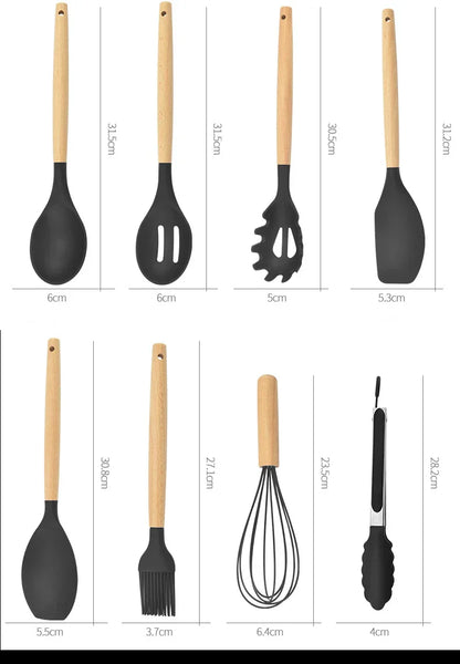 ChefEase – 12-Piece Silicone Kitchen Utensil Set with Wooden Handles